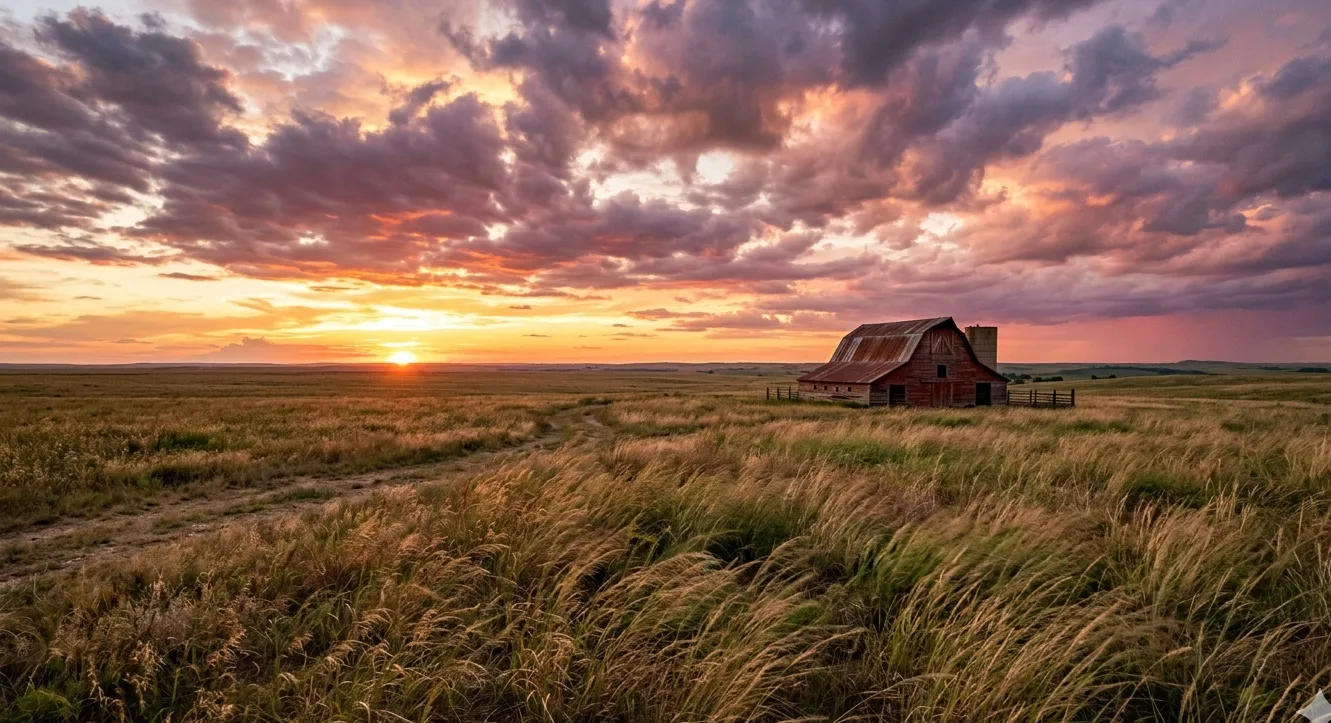 Central Texas blackland prairie at sunset with native grasses and a red barn