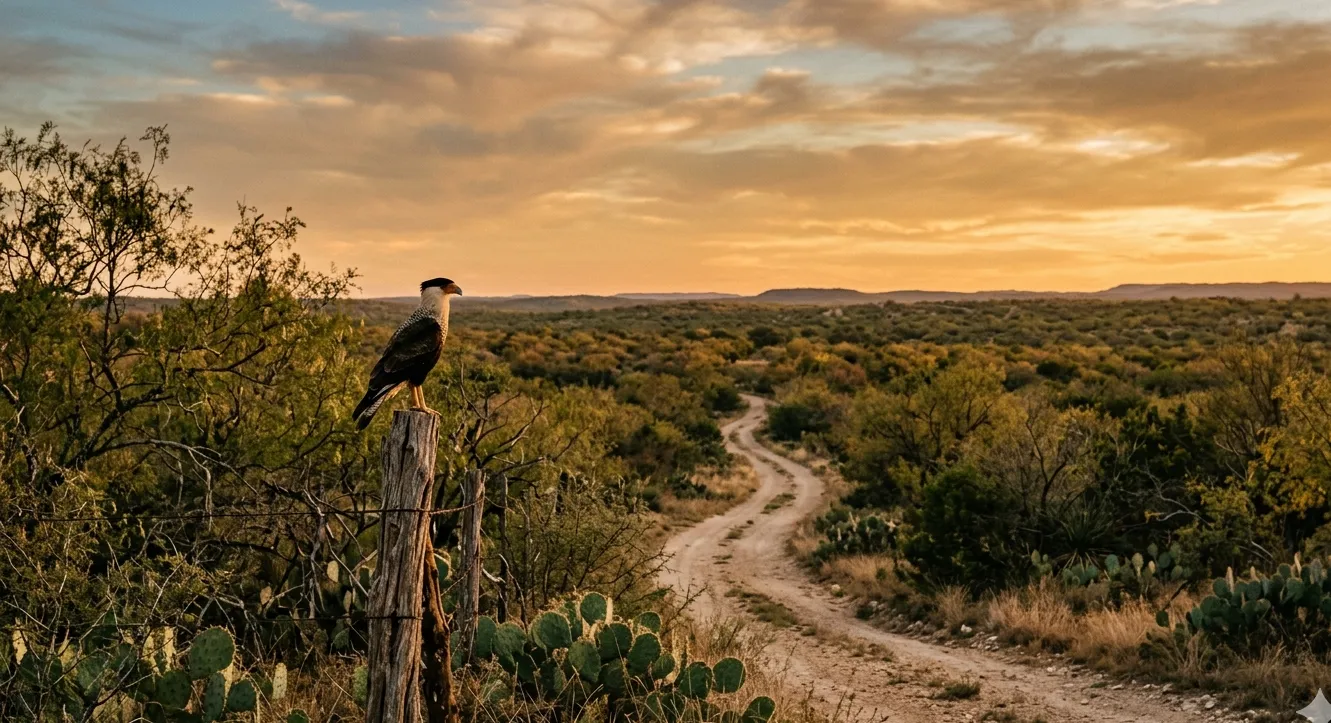 South Texas brush country at golden hour with mesquite and prickly pear cactus along a winding ranch road