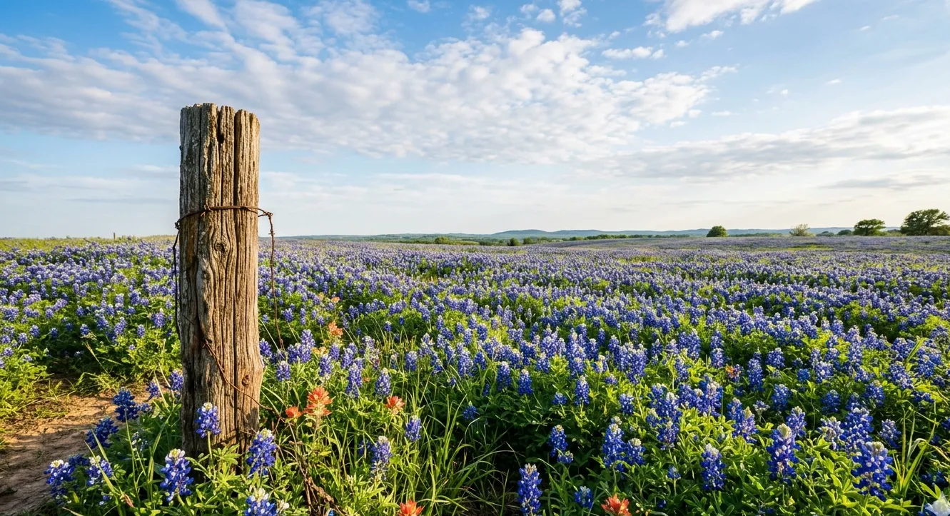Texas bluebonnet field with weathered fence post under blue sky