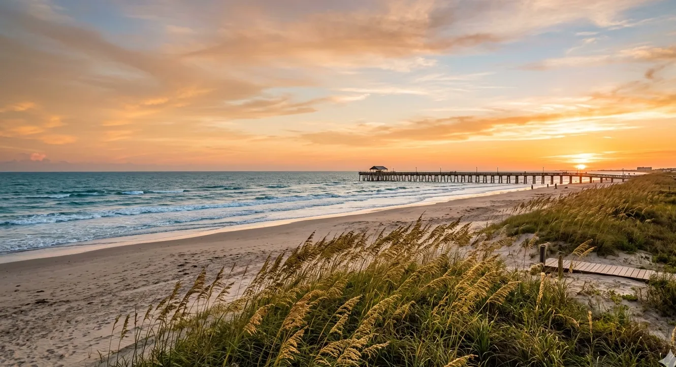 Texas Gulf Coast beach at golden hour with sea oats and a distant fishing pier