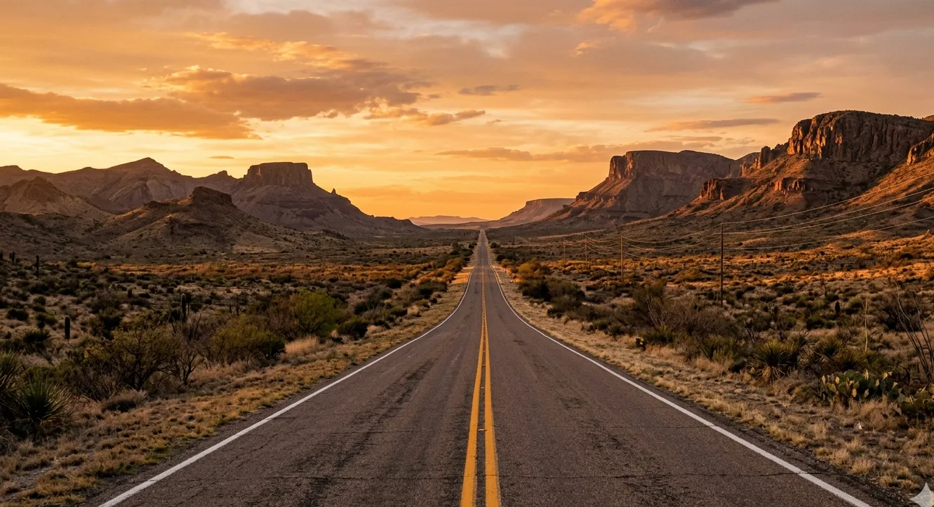 Long straight Texas highway disappearing into the West Texas desert at golden hour