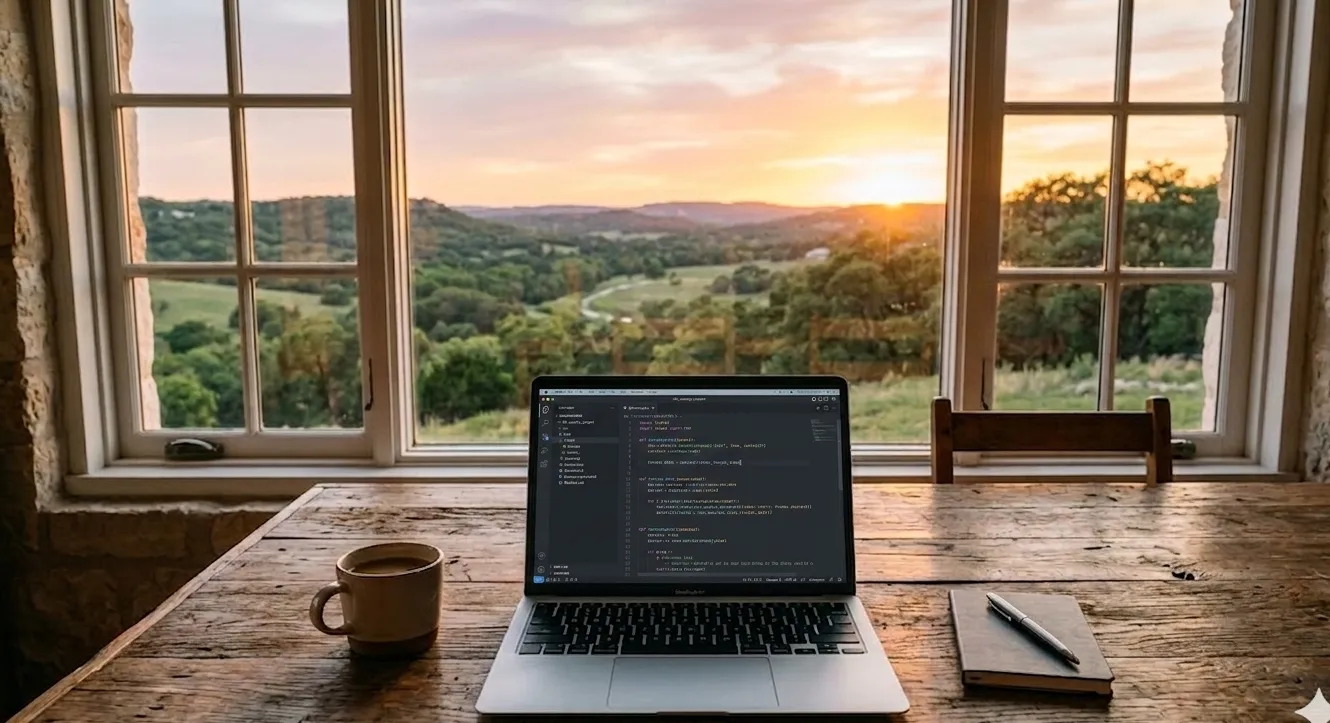 Modern laptop on a rustic wooden desk with Texas Hill Country sunset visible through the window