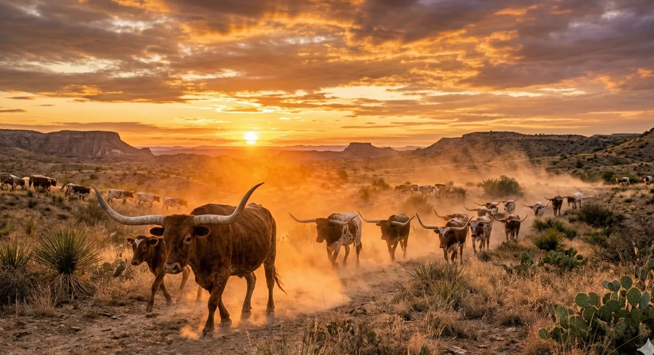Texas Longhorn herd walking through the desert at golden hour sunset