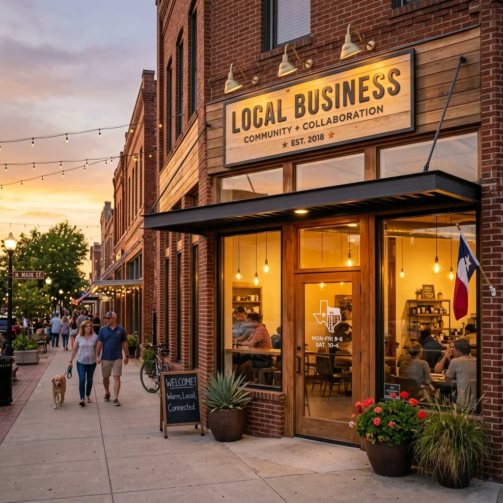 Warm Texas Main Street storefront at dusk with string lights