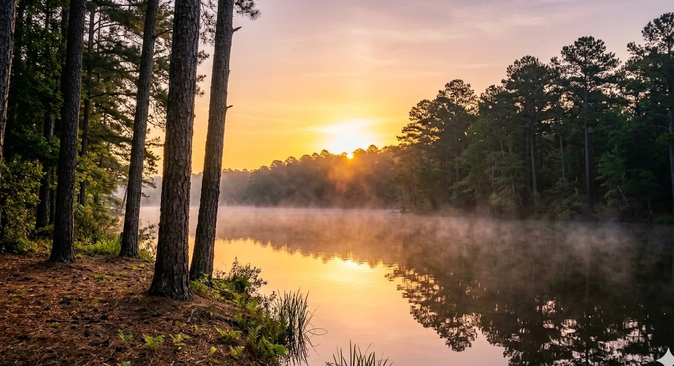East Texas piney woods sunrise with morning mist rising off a calm lake and Spanish moss on cypress trees