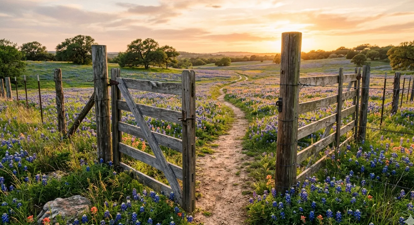 Welcoming open wooden ranch gate with a dirt path leading into a Texas bluebonnet field at golden hour