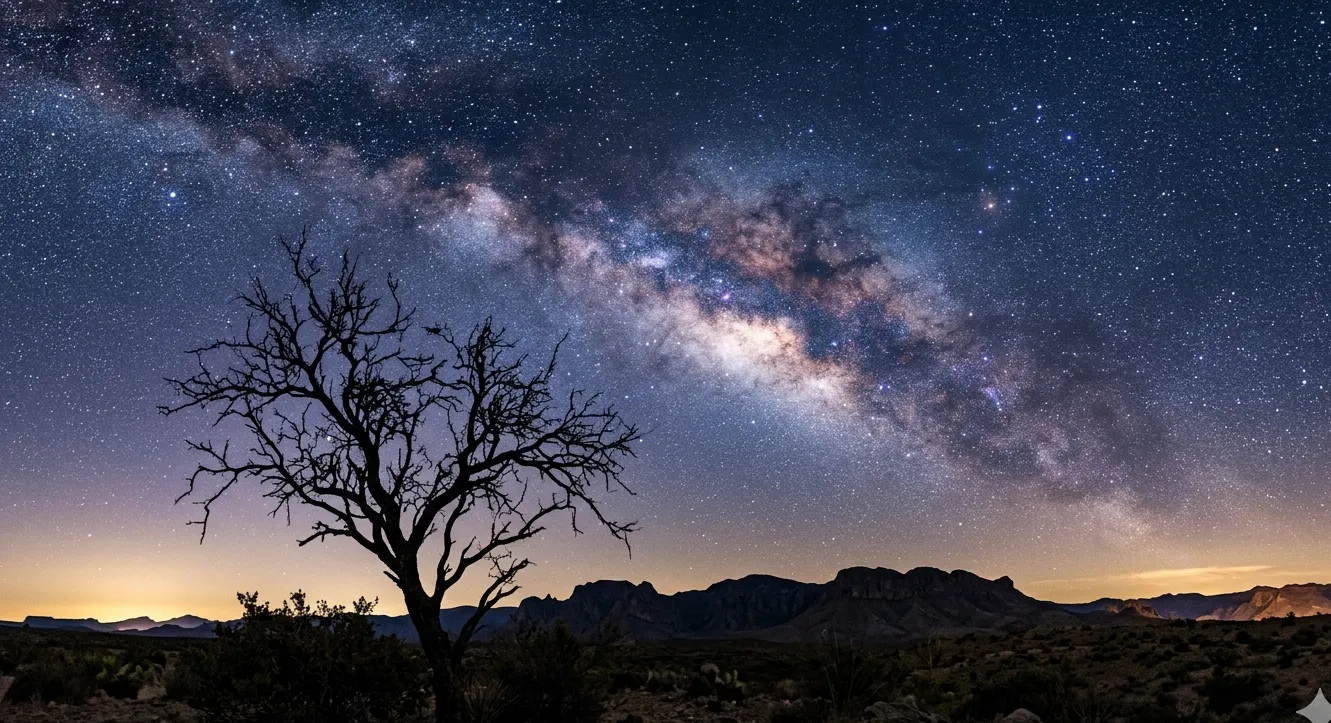 Milky Way stretching across Texas night sky with silhouetted mesquite tree