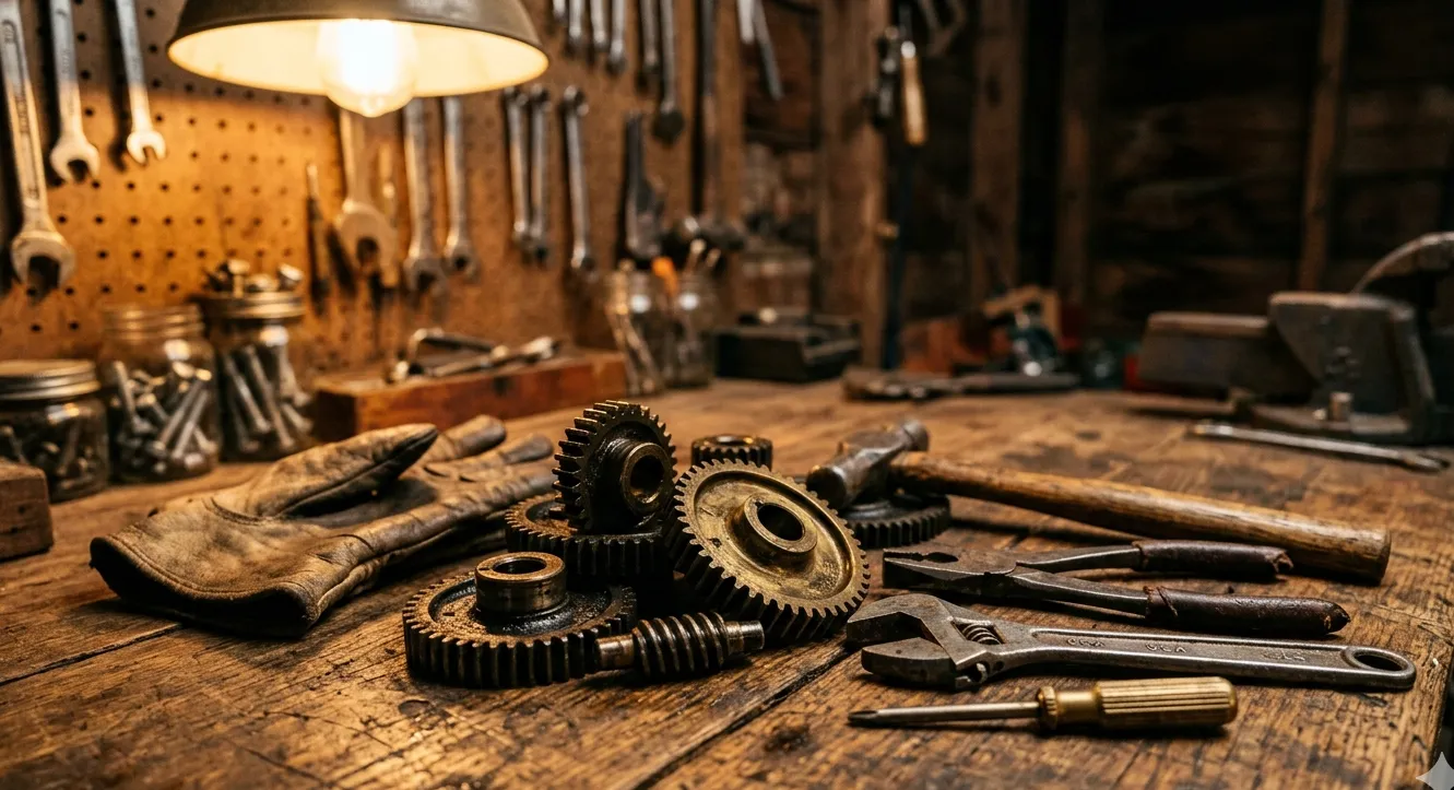 Vintage mechanical gears and hand tools on a worn wooden workbench in a rustic Texas workshop