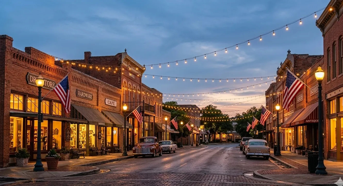 Charming small-town Texas Main Street at dusk with warm glowing shop windows and string lights